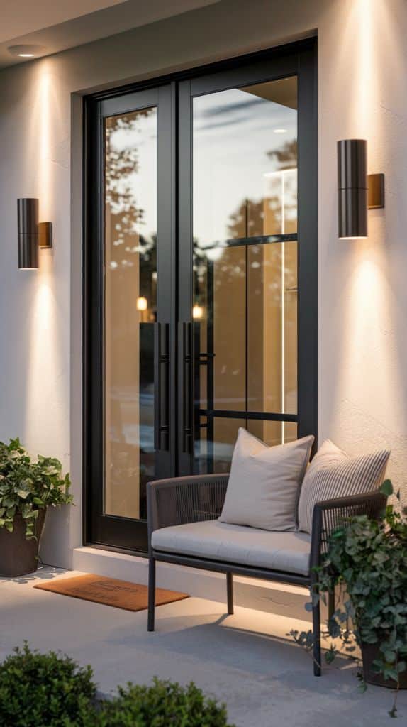 Modern cozy porch with elegant lighting, double glass doors, plants, and a cushioned bench for a welcoming entrance.