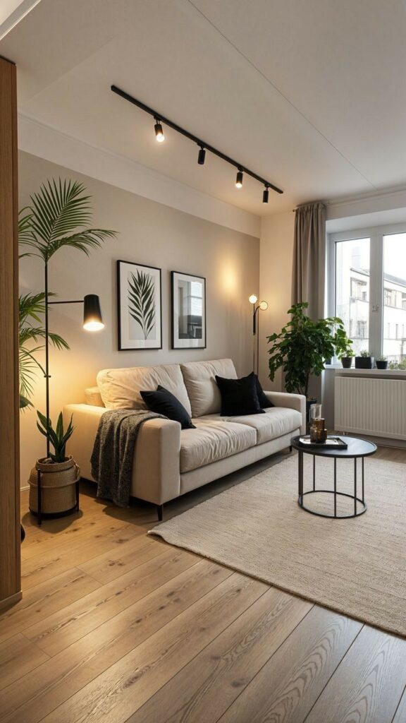 Modern living room with beige sofa, plants, and minimalist decor. Cozy and stylish interior design.