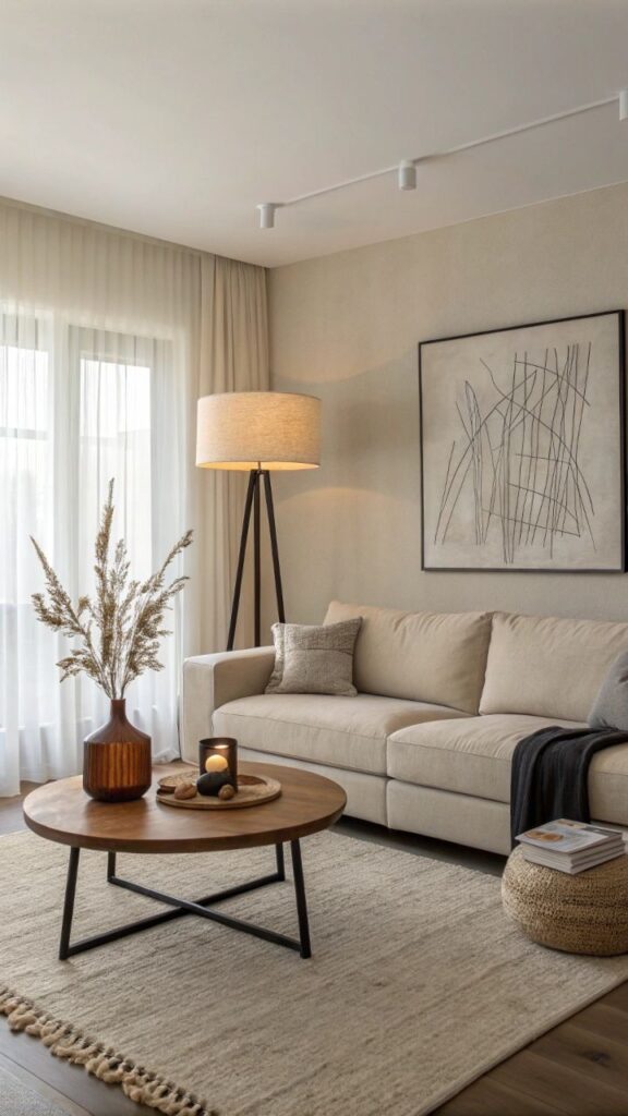 Modern living room with beige sofa, abstract wall art, tall lamp, wooden coffee table, and neutral decor accents.