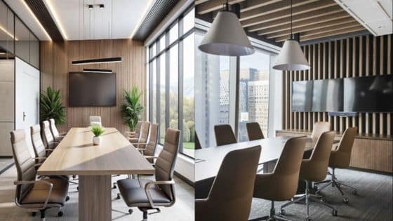Home office soundproofing what conference rooms can teach workspace Modern conference room interiors with wooden accents, large windows, and sleek furniture. | Sky Rye Design Modern conference room interiors with wooden accents, large windows, and sleek furniture.