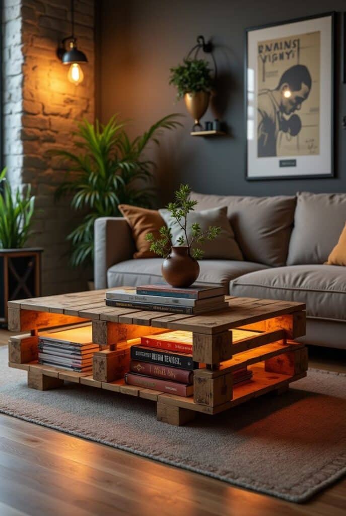 Cozy living room with a wooden pallet coffee table, books, plants, and warm lighting. Modern and rustic decor.