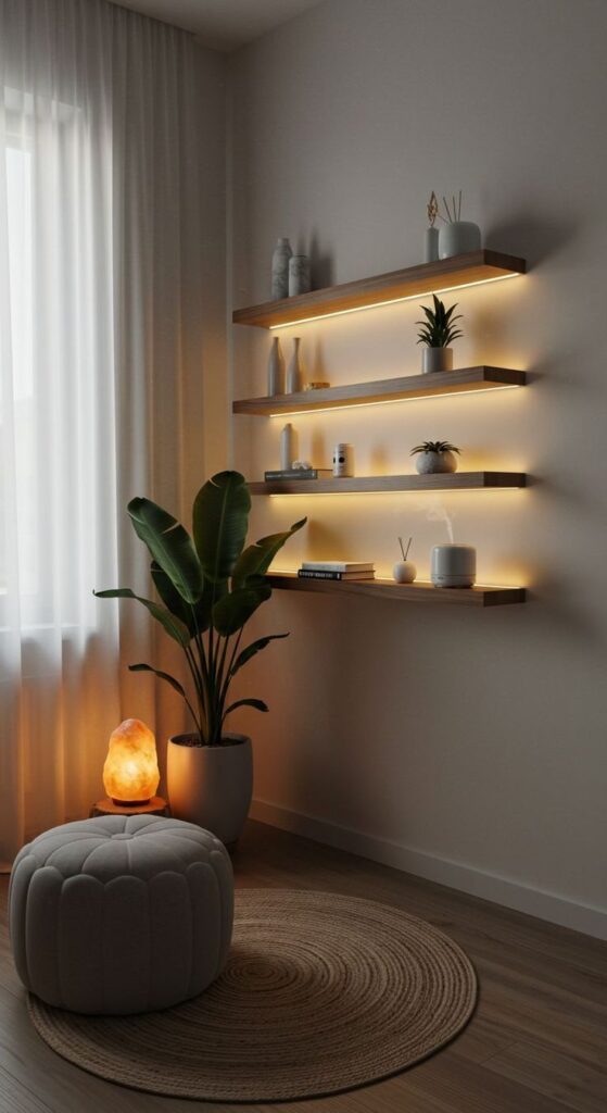 Cozy living room with floating shelves, plants, soft lighting, pouf, salt lamp, and sheer curtains.