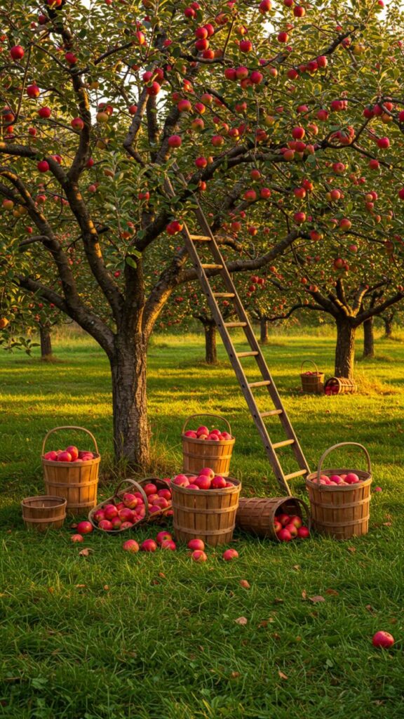 Apple orchard with ripe apples, ladder, and baskets on grass, bathed in golden sunlight.