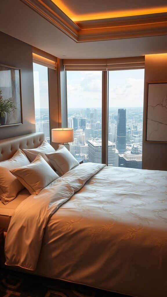 Luxury hotel room with city view, cozy bed and warm lighting.