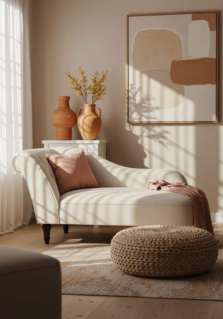 Modern living room with a beige chaise lounge, abstract art, vases, and a woven ottoman in sunlight.