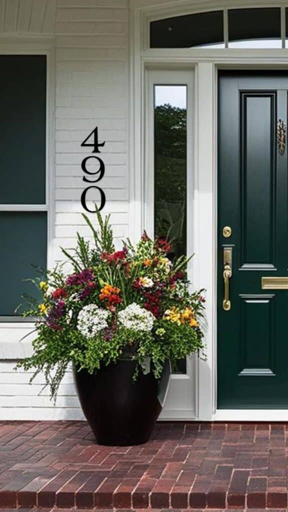 Elegant front porch with vibrant flower pot and dark green door, house number 490 displayed on white brick.