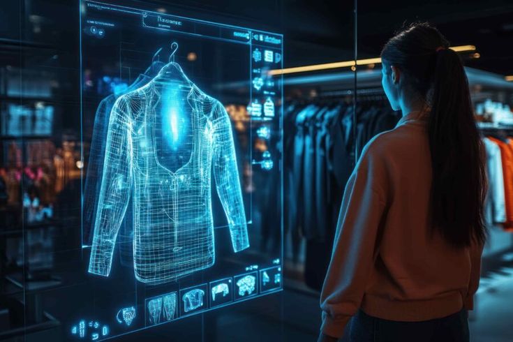 Woman interacting with digital fashion display in high-tech store, showcasing futuristic clothing designs.