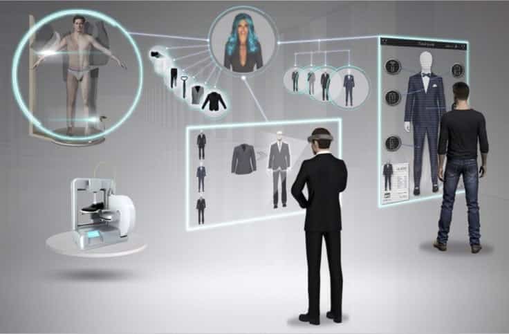 Virtual fitting room with digital avatars, showcasing interactive suit selection and 3D body scanning technology.