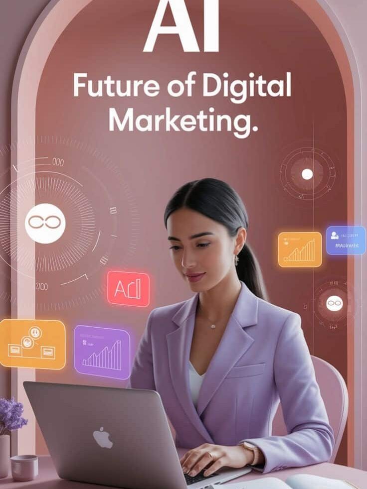 AI in digital marketing with woman using laptop, surrounded by data charts and tech symbols. Stay ahead with AI!