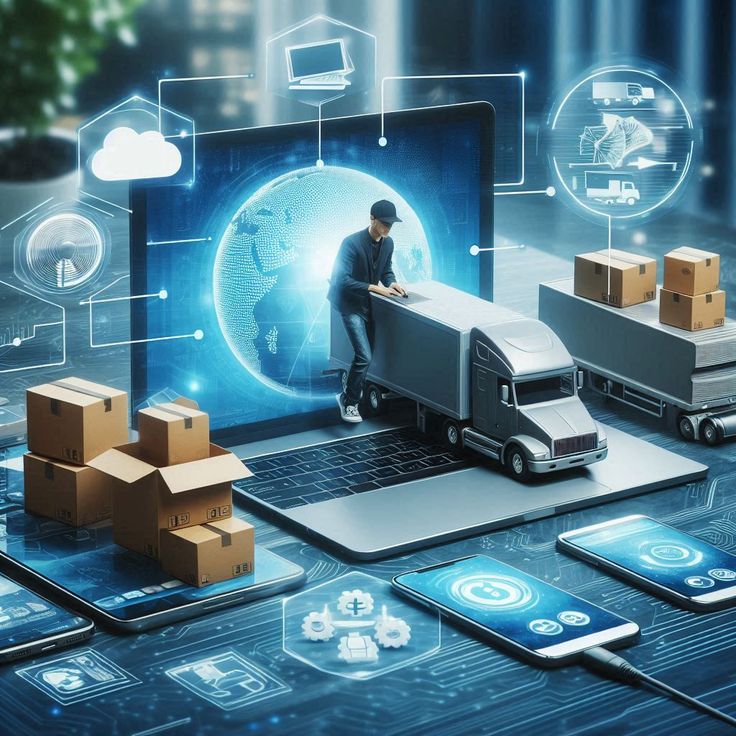 Digital logistics concept with mini truck on laptop, boxes, and wireless icons, illustrating e-commerce and global shipping.
