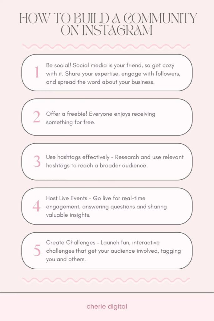 How to build a community on Instagram: tips on social engagement, freebies, hashtags, live events, and challenges.