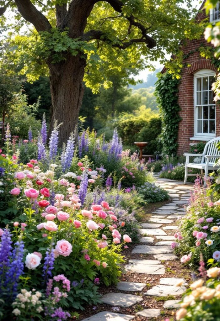 Lush flower garden with a stone path and a brick house, featuring colorful blossoms and a large tree.
