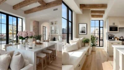 Modern kitchen and dining area with wooden beams, large windows, and elegant decor in a bright, airy space.