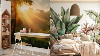 Modern rooms with jungle-themed wallpaper: a study area and a cozy bedroom with leafy murals enhance the décor.