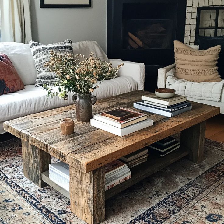Rustic wooden coffee table with books and a vase of flowers in cozy living room setting.