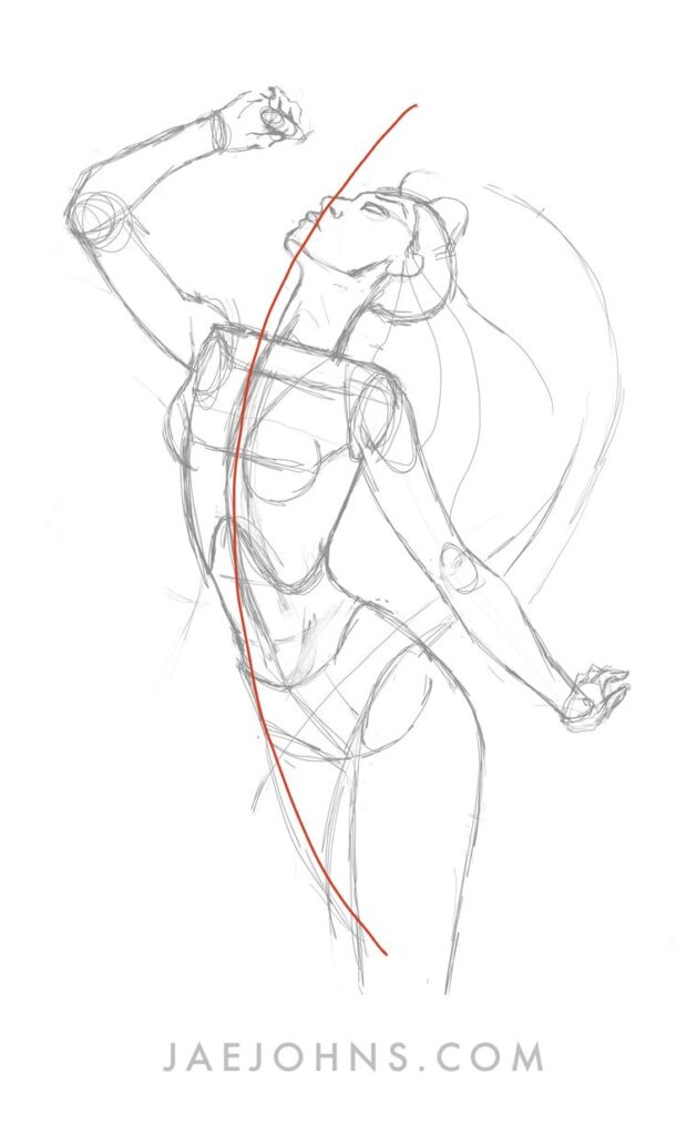 Dynamic human figure sketch with red line for movement, outlined in pencil.