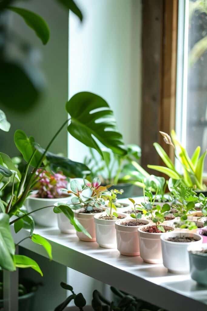 Indoor garden with potted plants on a sunny windowsill, showcasing vibrant green foliage and natural light.