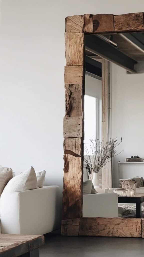 Rustic wooden mirror in minimalistic living room with white sofa and neutral decor elements.