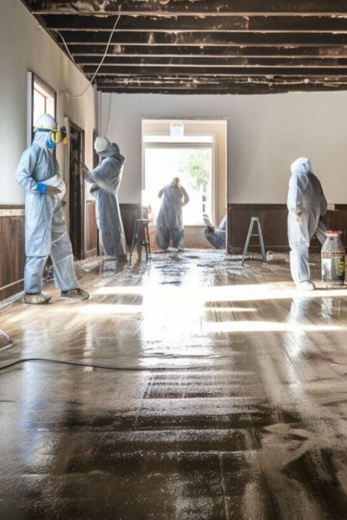 Workers in protective gear removing mold and restoring a room with exposed ceiling beams and wet floor.