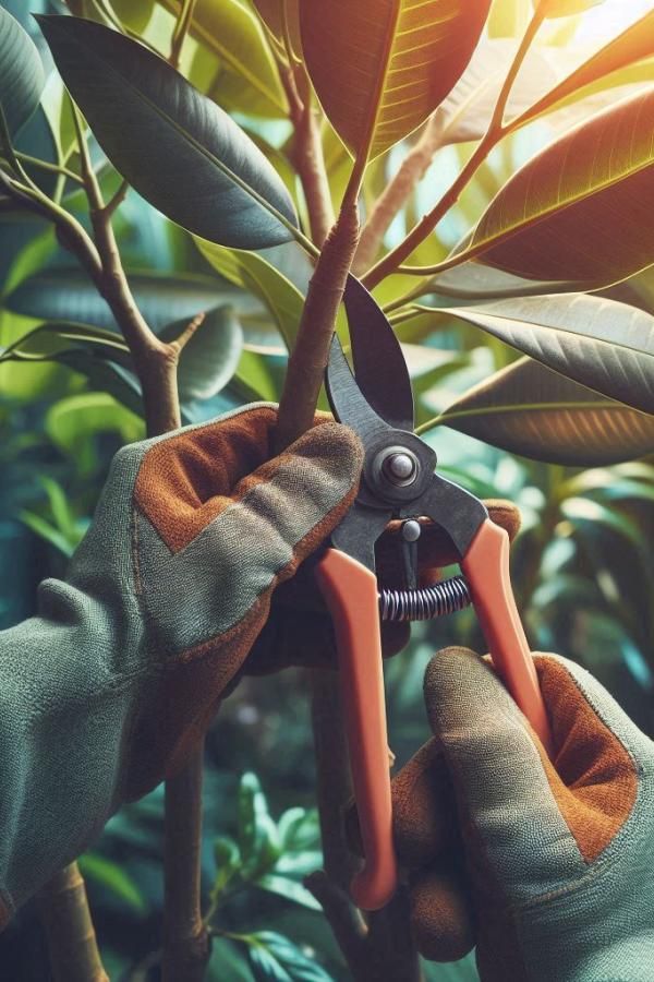 Gardener pruning plant with shears, wearing gloves in a sunlit garden.