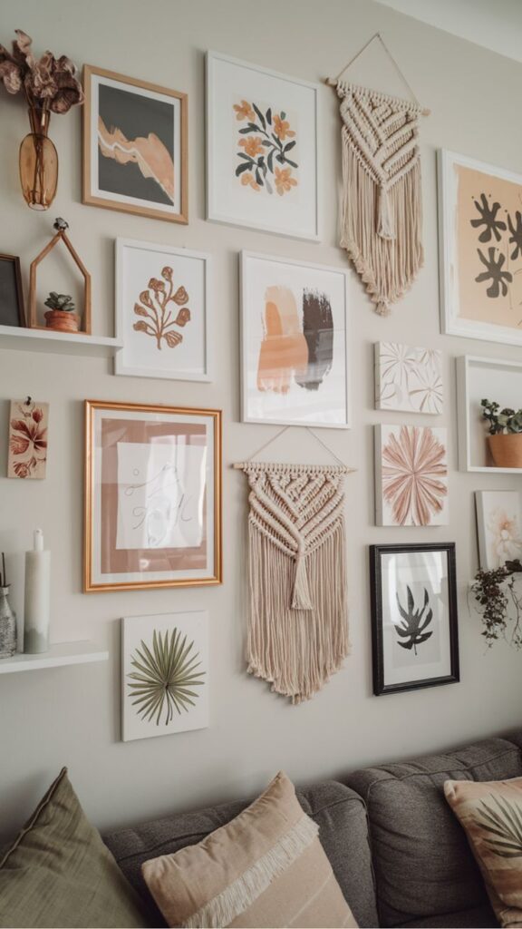 How to Refresh Your Living Room on a Budget Gallery wall with floral art, abstract prints, and macramé above a sofa for a cozy, bohemian living room decor. | Sky Rye Design Gallery wall with floral art, abstract prints, and macramé above a sofa for a cozy, bohemian living room decor.