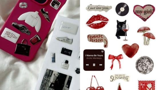 How to Turn Your Drawings Into Stickers Trendy phone cases and aesthetic stickers featuring fashion, music, and love themes on a white and pink background. | Sky Rye Design Trendy phone cases and aesthetic stickers featuring fashion, music, and love themes on a white and pink background.