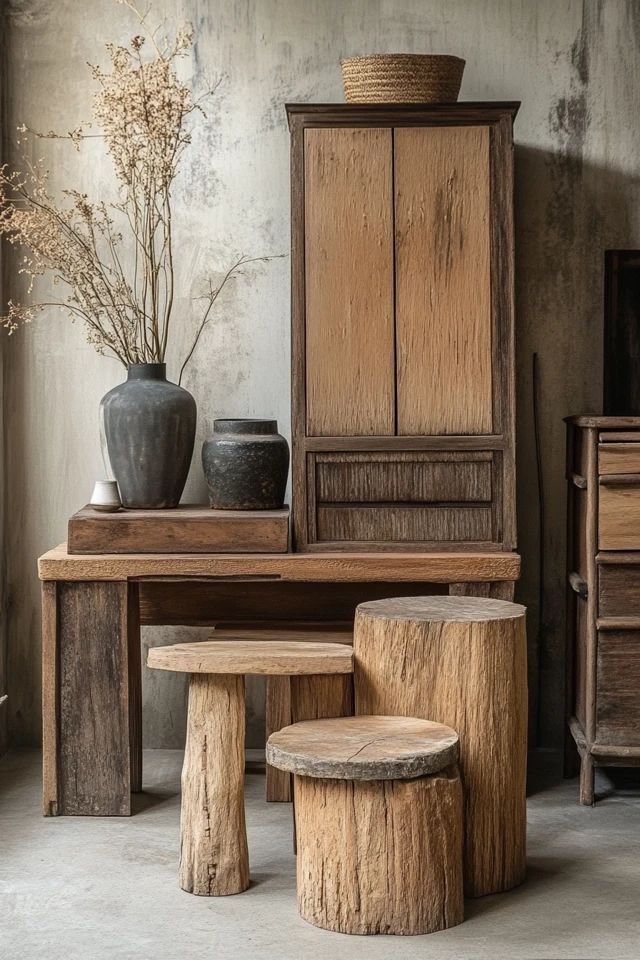 Rustic wooden furniture set with stools, vase, and dry plants, creating a cozy and earthy interior decor.
