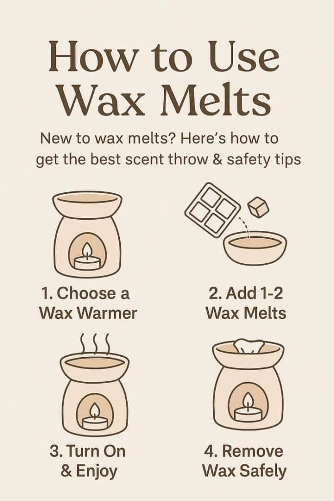 Guide on using wax melts: Choose warmer, add melts, turn on and enjoy, remove safely. Maximize scent throw and safety.
