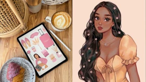 How to start drawing in digital format a guide for those who are used to paper Tablet with lifestyle illustrations next to a coffee and pastry, paired with an illustration of a woman in a yellow dress. | Sky Rye Design Tablet with lifestyle illustrations next to a coffee and pastry, paired with an illustration of a woman in a yellow dress.