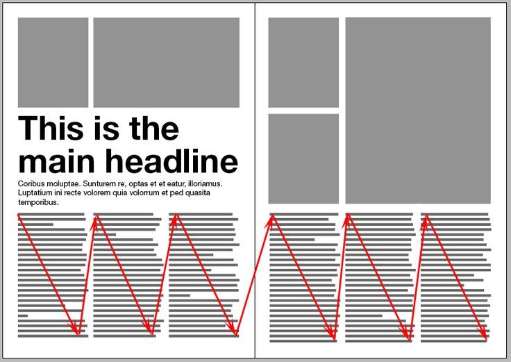 Newspaper layout design with headline, images, and text columns suggesting zigzag reading path in red arrows.
