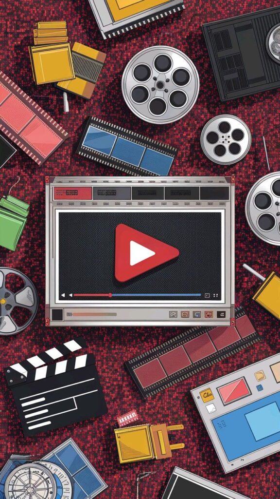 Illustration of vintage film reels, video player, and clapperboard on a red patterned background.