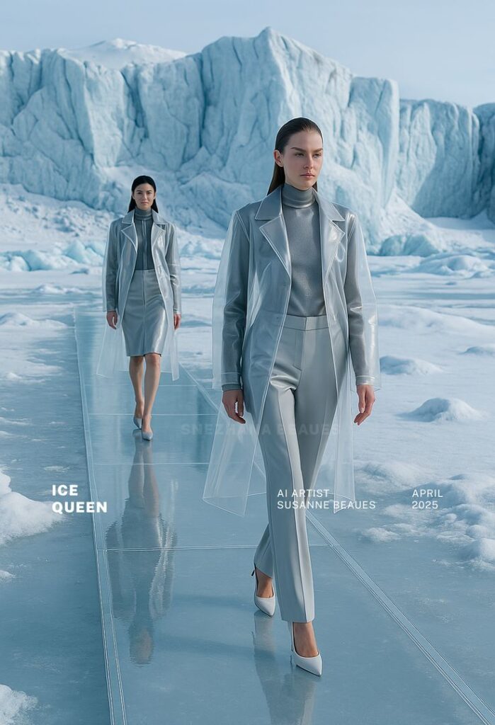 Two models in icy landscape wearing metallic outfits on a glass runway. Futuristic fashion concept, April 2025.