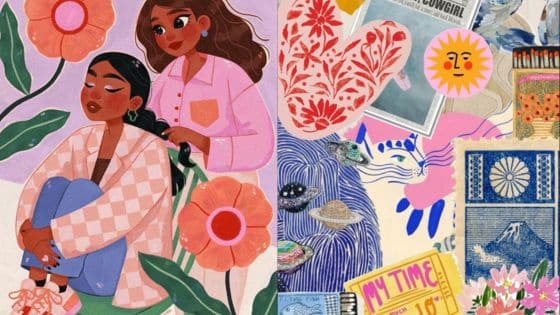 Illustrated women with flowers and colorful artistic elements, representing friendship and creativity.
