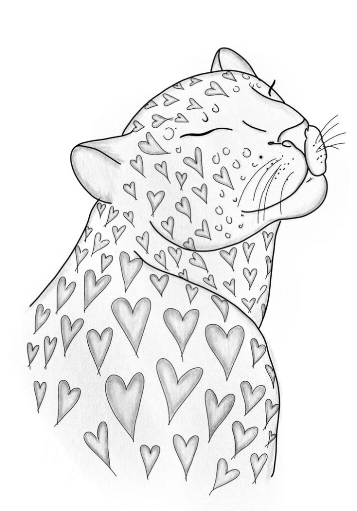 Illustration of a cheetah with heart patterns, eyes closed, showcasing a whimsical and loving design.