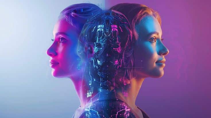 Two women with a digital cyborg profile in neon colors, symbolizing human-technology integration.