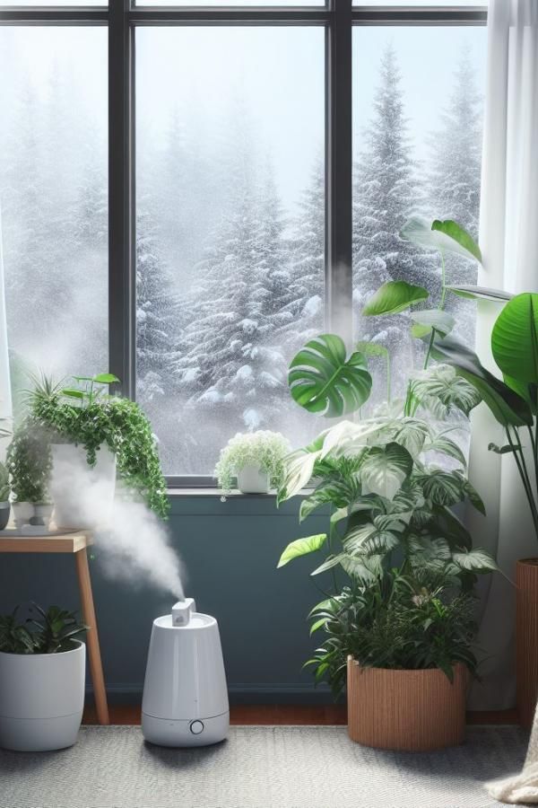 Humidifier amidst indoor plants in front of snow-covered window, enhancing air moisture on a winter day.