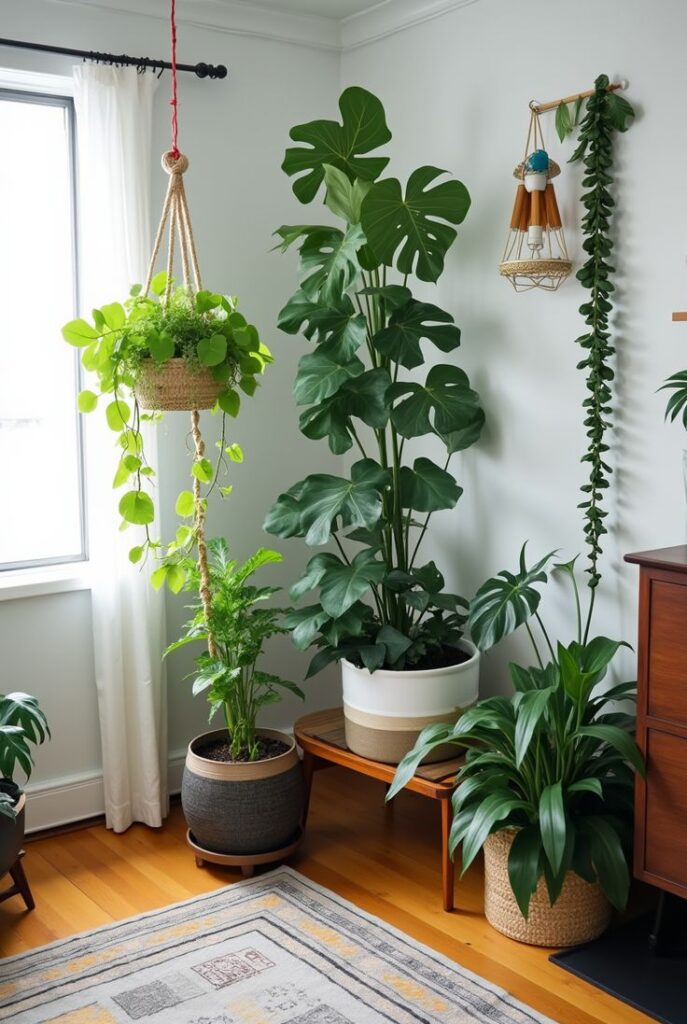 Indoor plants in a bright living room corner, featuring hanging and potted greenery on a wooden floor.