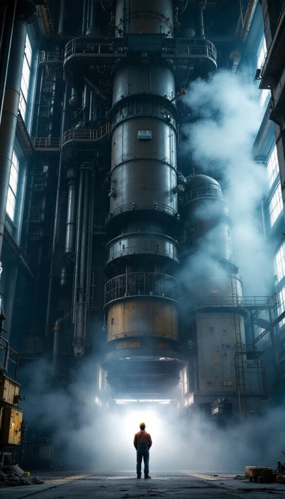 Worker stands in a dramatic industrial setting, surrounded by towering machinery and mist, highlighting scale and atmosphere.