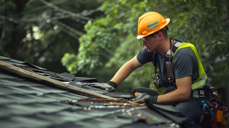 Roofer in safety gear working on a shingle roof, surrounded by greenery.