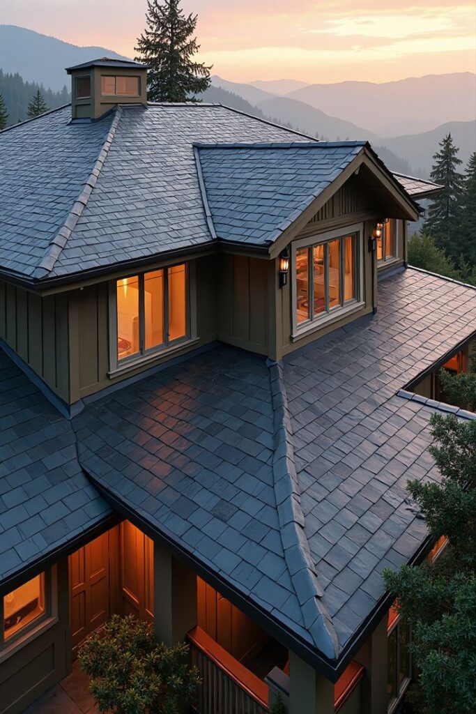 Mountain home at sunset with slate roof, warm lights, and forested hillside views.