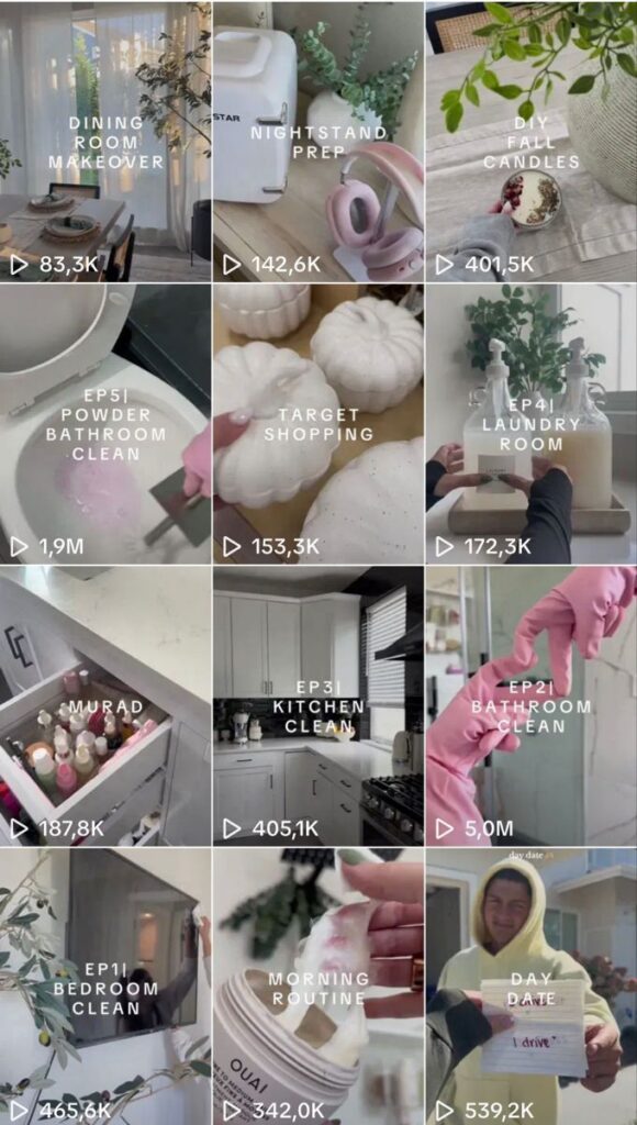Collage of home organization and cleaning video thumbnails with view counts and various tasks shown.