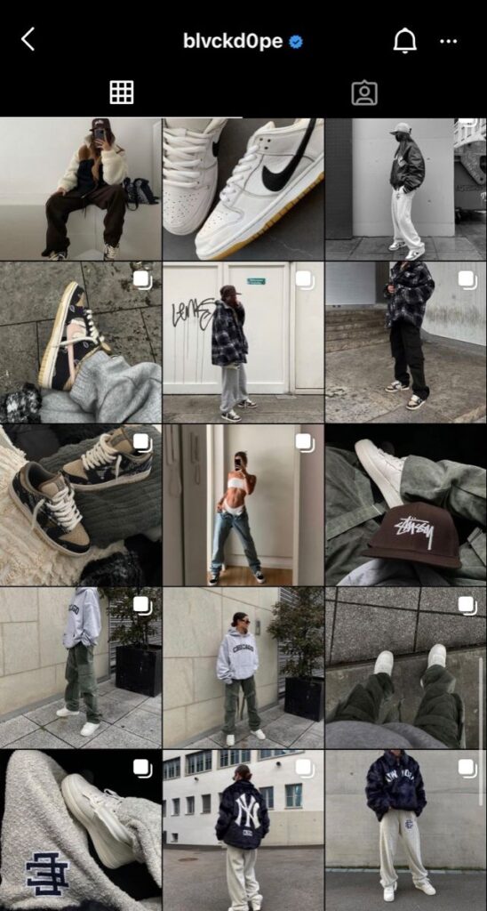 Streetwear fashion Instagram grid featuring stylish outfits and sneakers. Urban clothing aesthetic showcase.