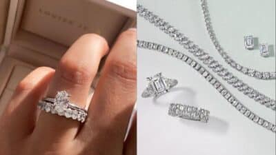 Elegant diamond jewelry set including rings, necklaces, and earrings on display, highlighting luxury and sophistication.