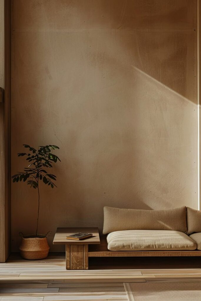 Minimalist living room design with beige sofa, wooden table, and potted plant under warm natural light.