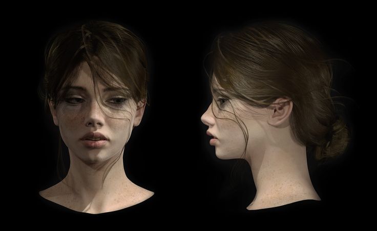 3D rendered female character with brown hair, depicted in front and side profile views on a black background.
