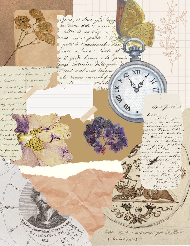 Vintage collage with dried flowers, handwritten letters, a pocket watch, and ornate sketches for an artistic touch.