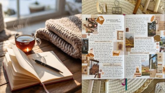 Journaling ideas Cozy scene with open journal and steaming tea, wool blanket, and creative scrapbook pages in natural light. | Sky Rye Design Cozy scene with open journal and steaming tea, wool blanket, and creative scrapbook pages in natural light.