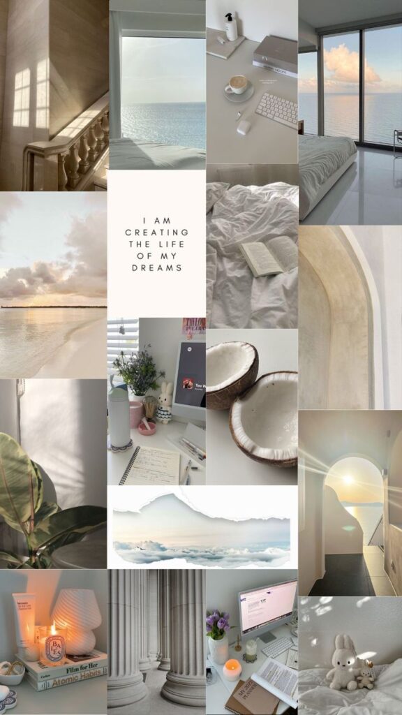 Serene dream board collage with cozy rooms, ocean views, inspirational quote, and calming aesthetics.