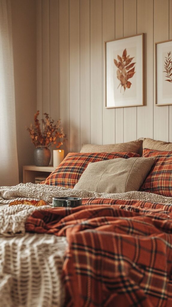 Cozy bedroom with autumn-themed decor, plaid bedding, and floral art on walls. Warm, inviting atmosphere with soft lighting.