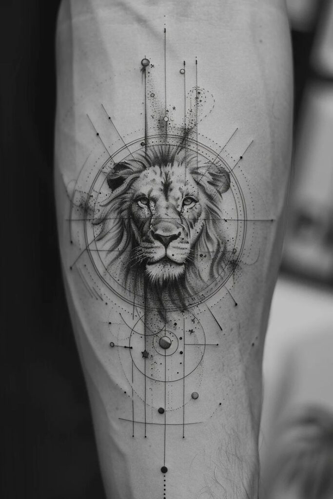 Geometric lion tattoo design on forearm with intricate linework and dot patterns, black and white style.